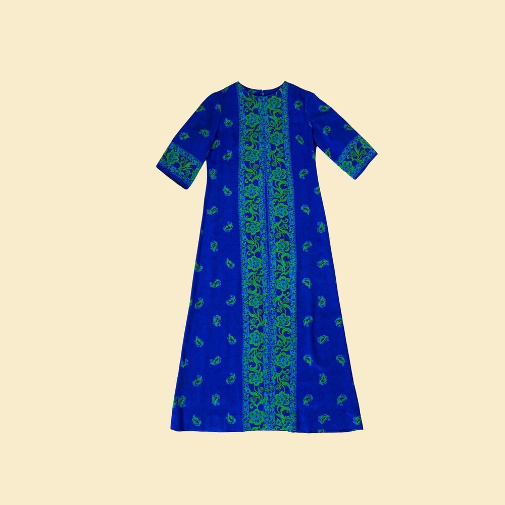 1960s Andrade Honolulu maxi dress, size 8 vintage floral blue Hawaiian dress